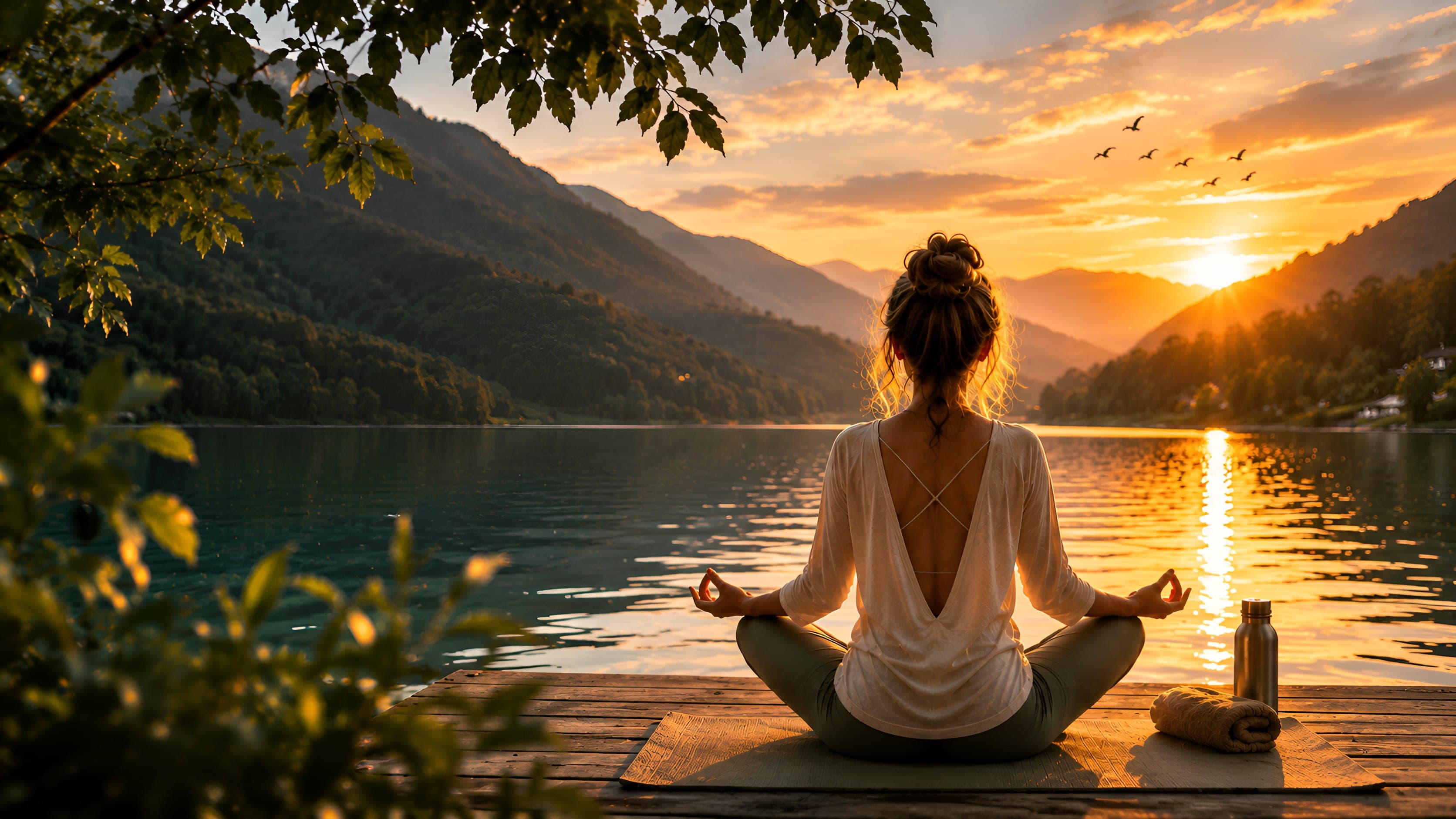 Doğada yoga yapan kadın, göl ve gün doğumu atmosferini temsil eden görsel